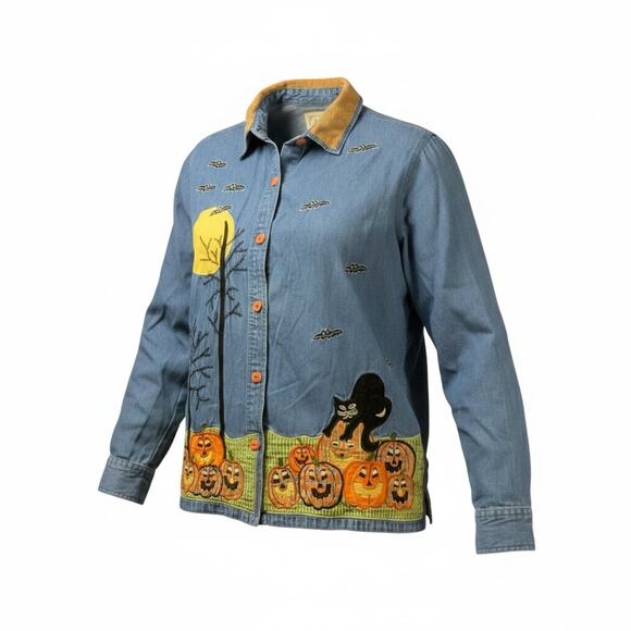Tantrums Tops - Vintage Tantrums Halloween Denim Shirt L Pumpkin Cat Bats Applique Cottagecore